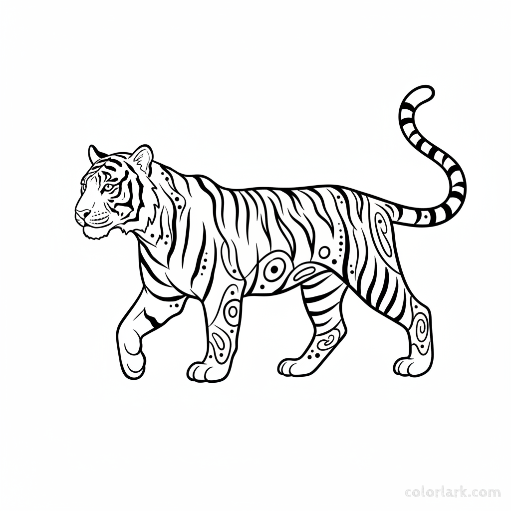 Indian Tiger coloring page with stylized swirls and dots