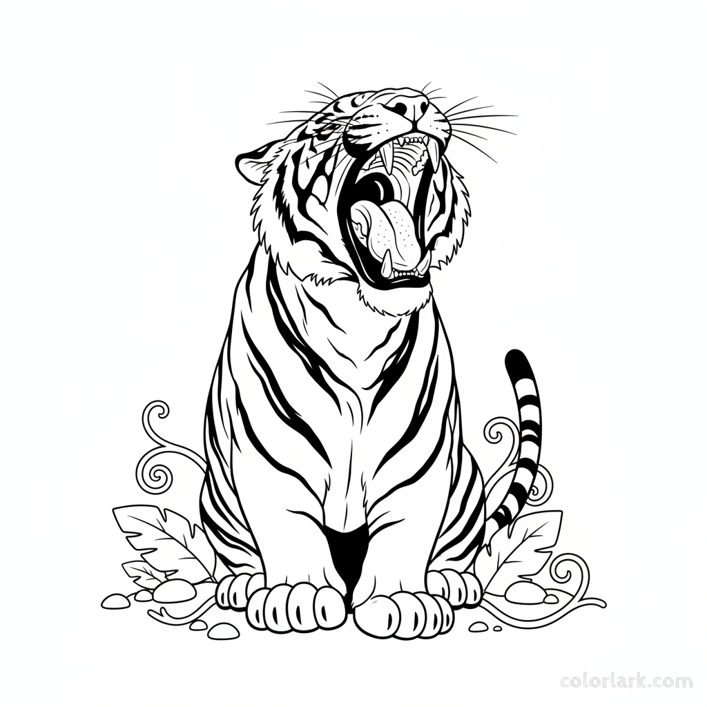 Indian tiger yawning widely after waking up free printable coloring page
