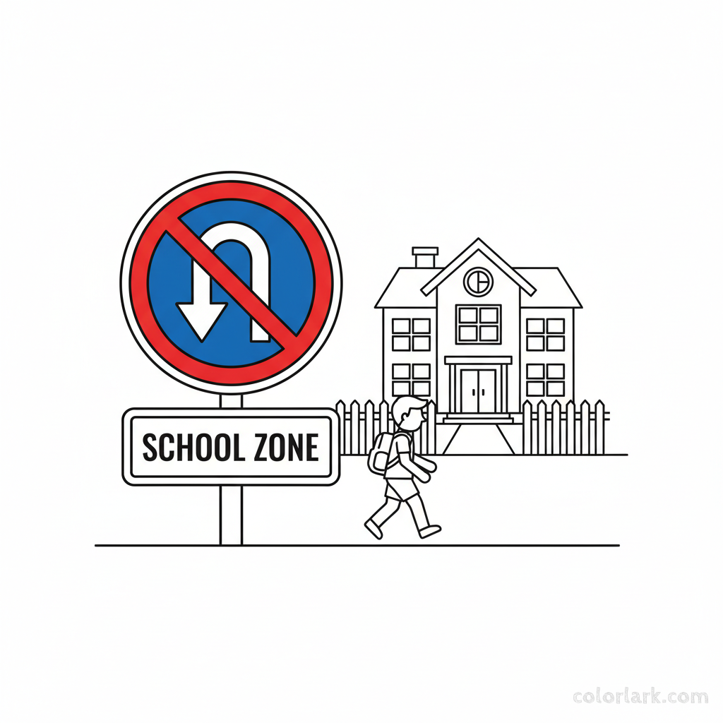 Coloring page of an Indian U-Turn Prohibited sign near a school zone.