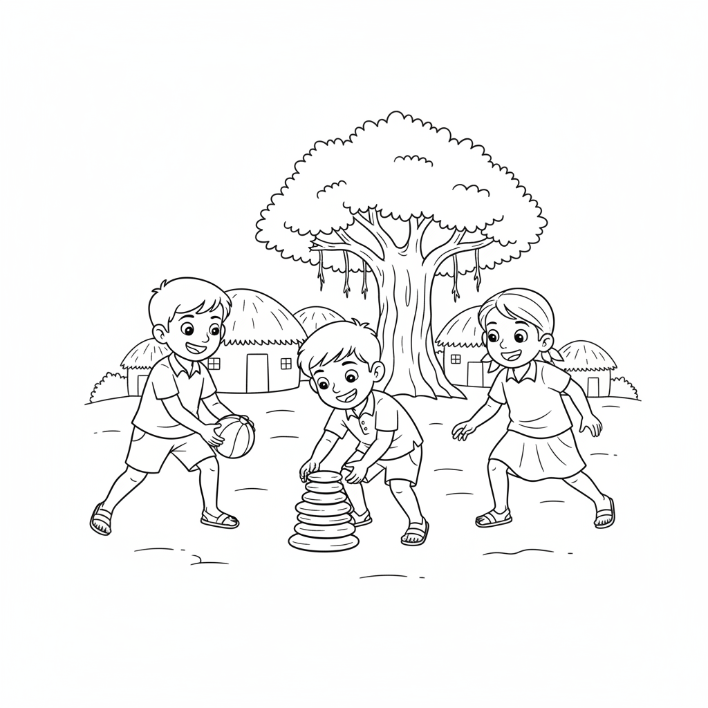 Black and white line art of Indian village children playing Pitthu, stacking stones and throwing a ball.