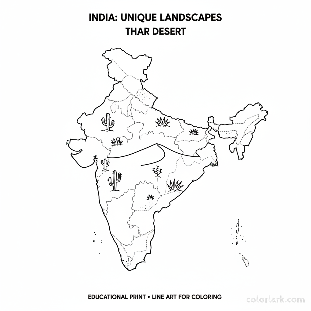 Line art coloring map of India, highlighting the Thar Desert and other arid regions with sand dunes.