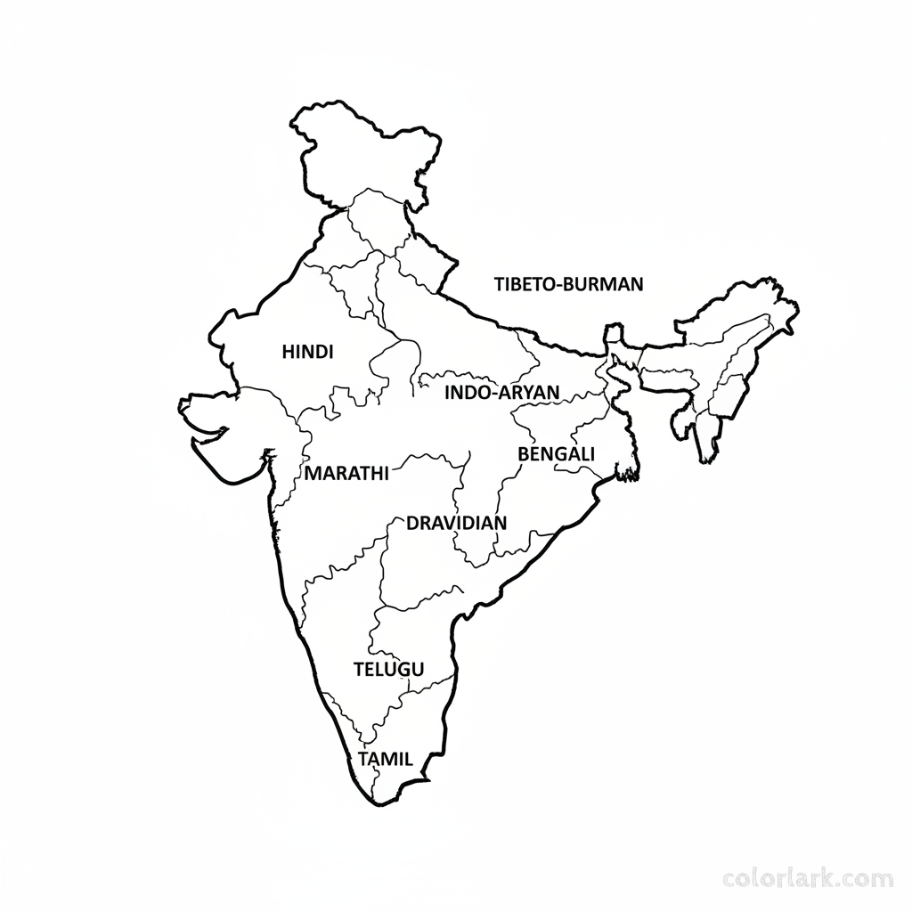 Line art coloring map of India, showing regions where diverse languages and language families are predominantly spoken.