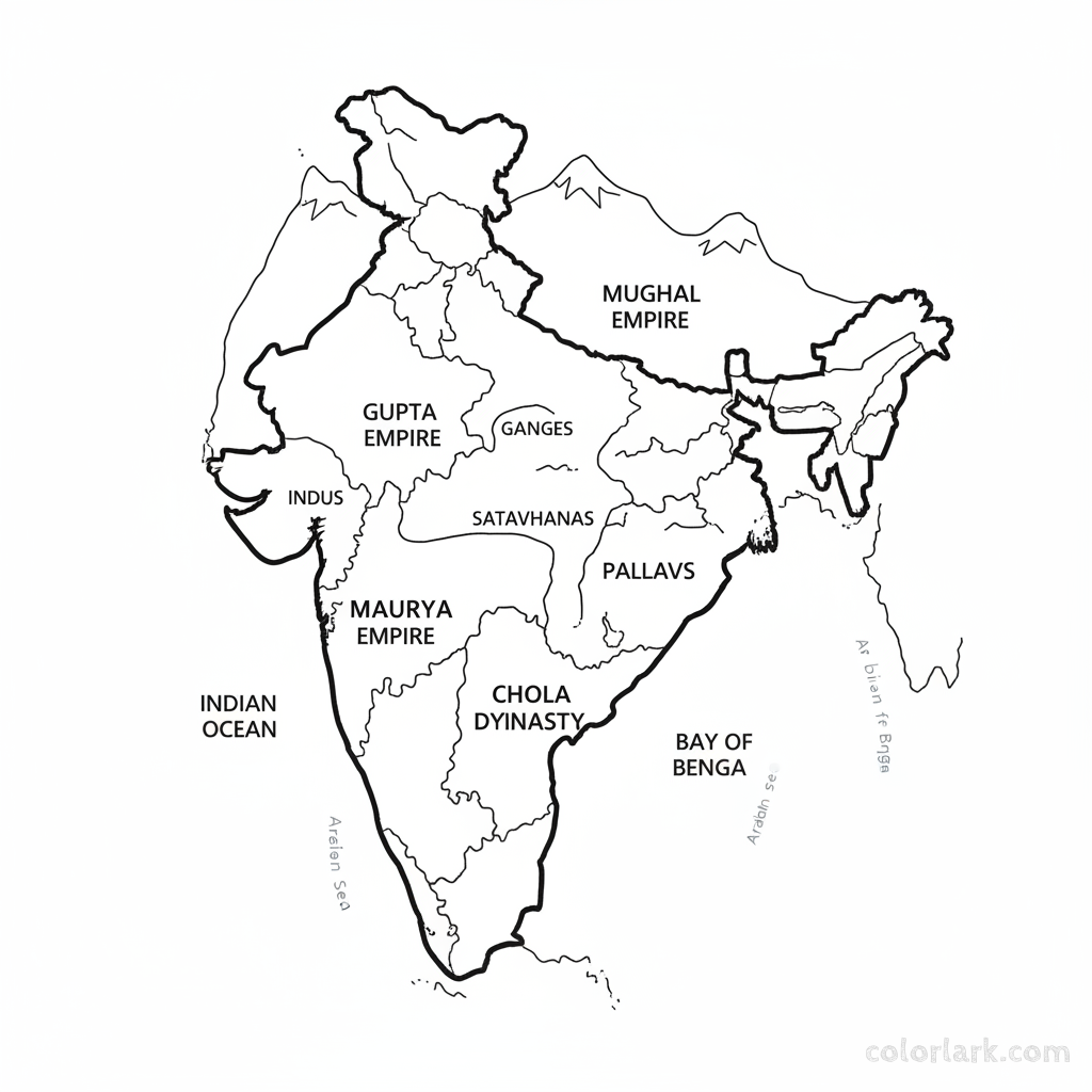 Line art coloring map of India, outlining regions of major historical dynasties like Mauryas and Mughals.