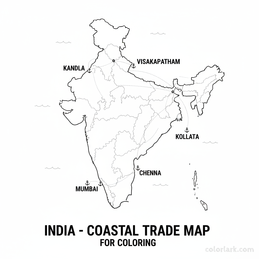 Line art coloring map of India's coastline, highlighting major seaports with anchor icons and simplified trade routes.