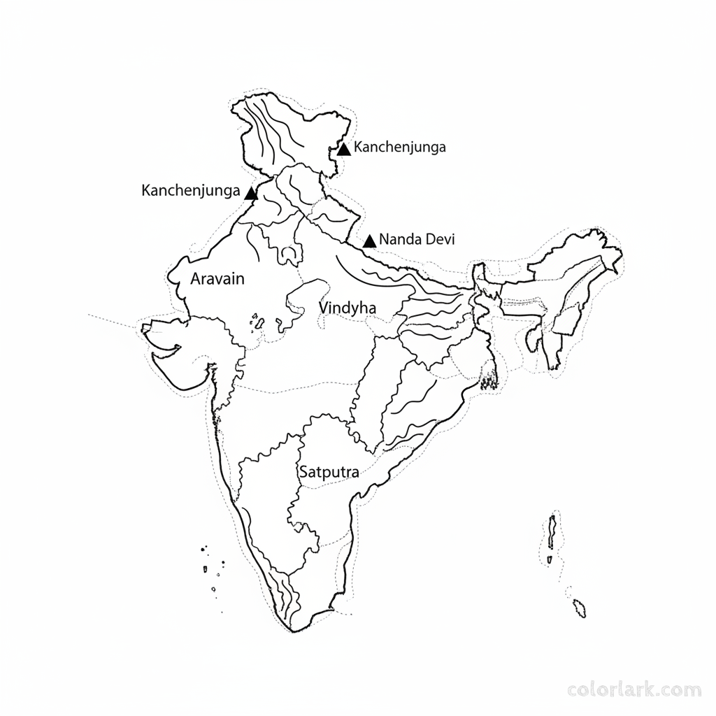 Line art coloring map of India, illustrating its major mountain ranges including the Himalayas, Western Ghats, and Aravalli.