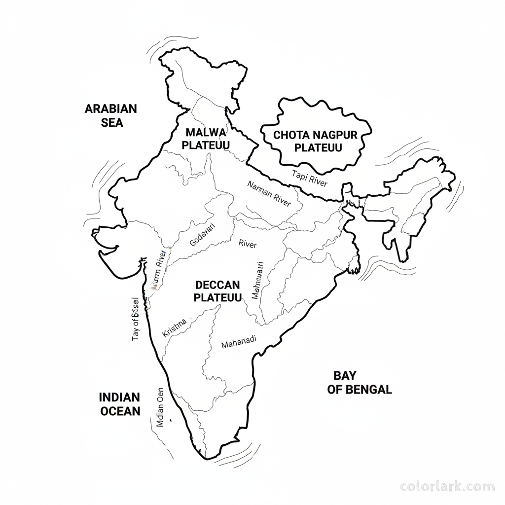 Line art coloring map of India, illustrating the Deccan Plateau, Chota Nagpur Plateau, and other highlands.