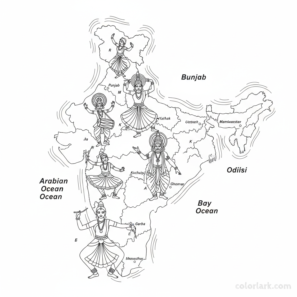 Line art coloring map of India, showing traditional dance forms for each state with simplified dancer icons.