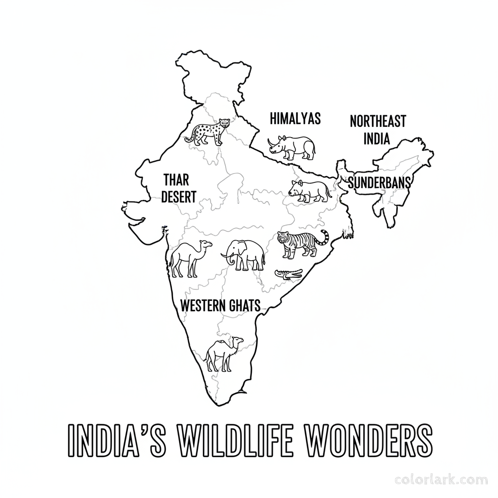 Line art coloring map of India, showing different wildlife zones with simplified animal icons like tiger, elephant, and rhino.