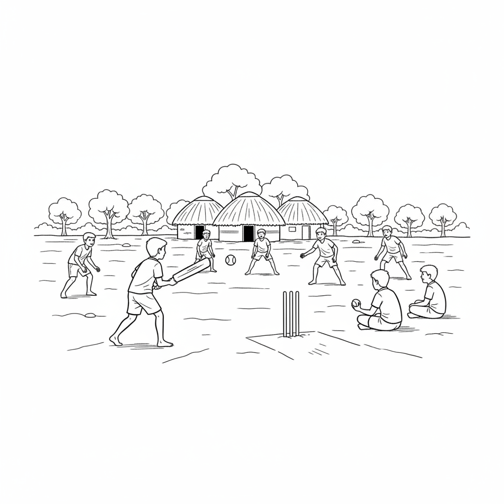 Wide scene of an informal cricket match with several Indian children playing on a village ground, with huts in the background.