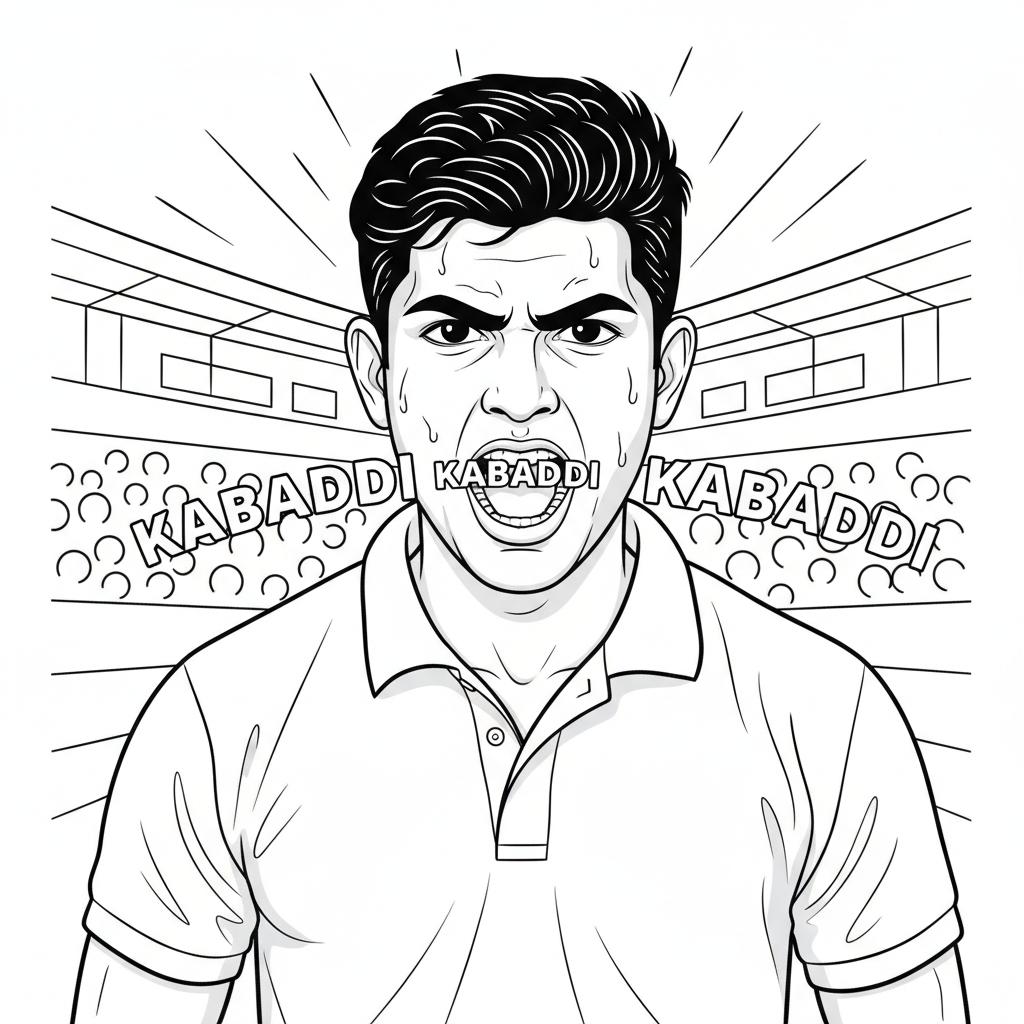 Close-up black and white line art of an intense Indian Kabaddi player chanting 'Kabaddi Kabaddi.'