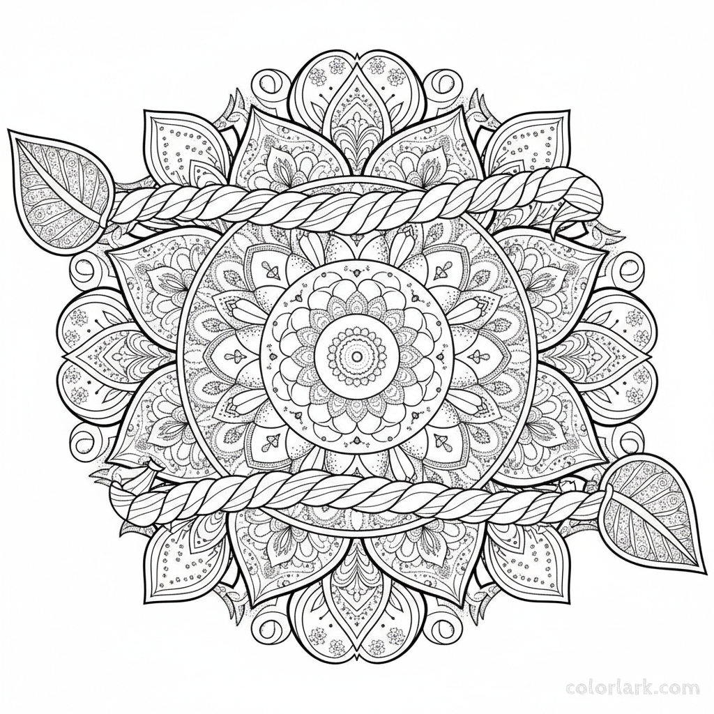 Black and white line art of an intricate dot work Rakhi design with shading and texture created through stippling for detail lovers.