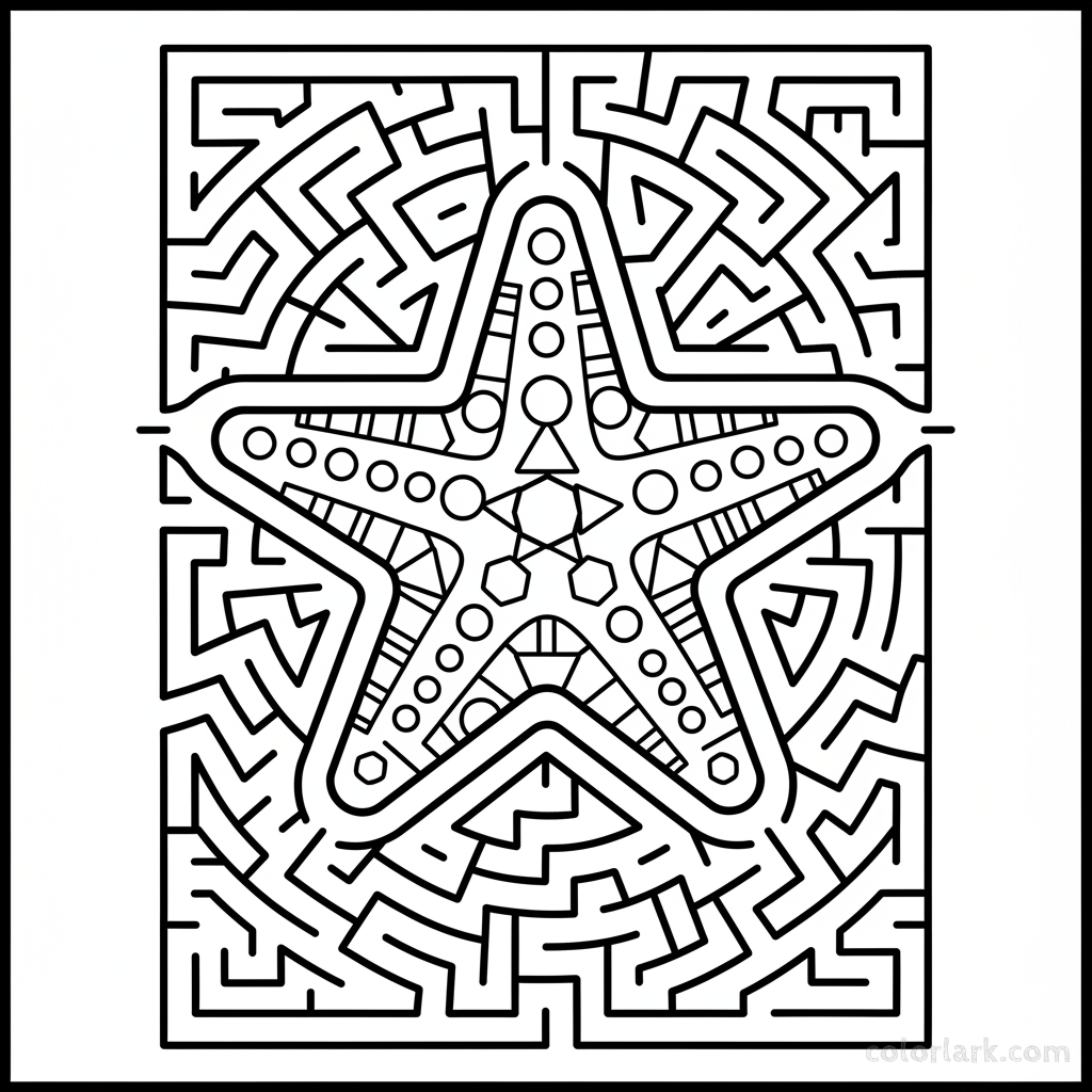 Black and white line art of a stylized starfish with geometric patterns, embedded within an intricate maze design.