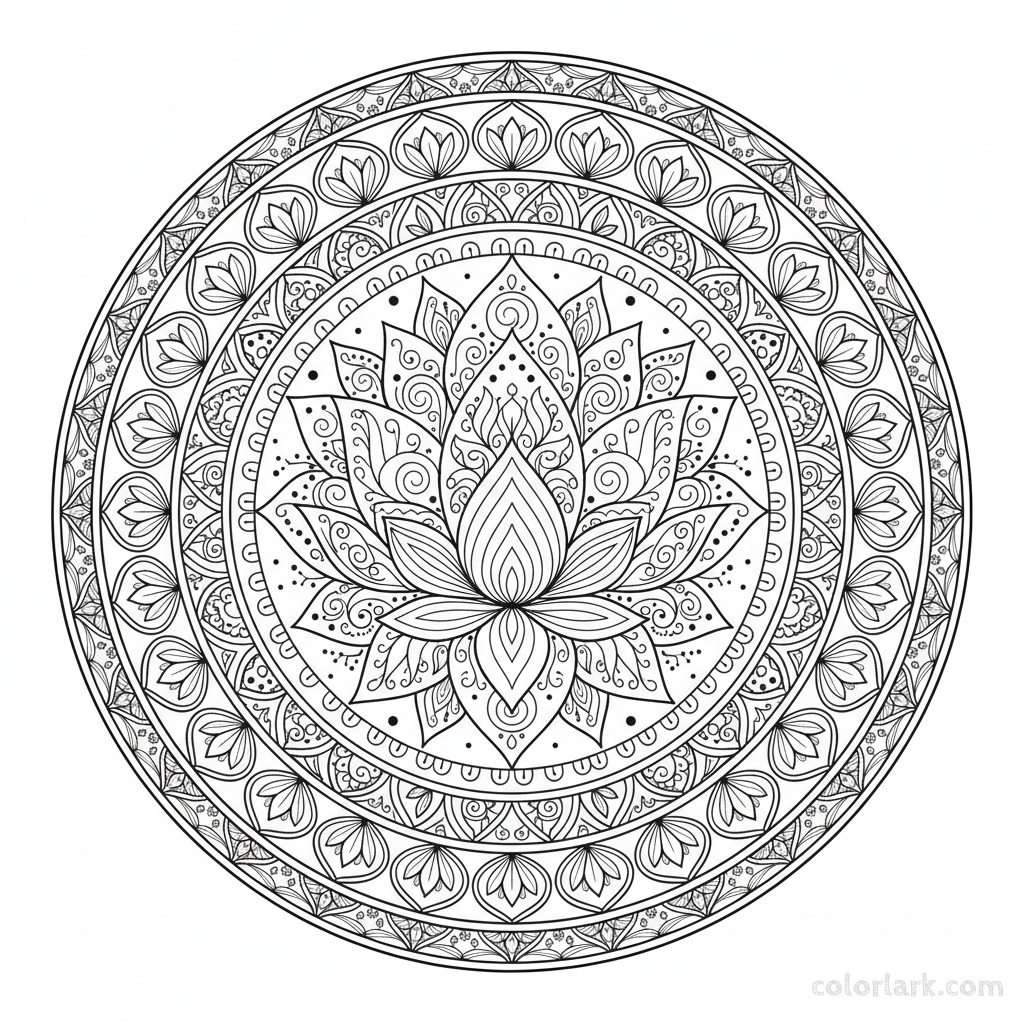 Black and white line art of an intricate lotus flower mandala design with detailed patterns.