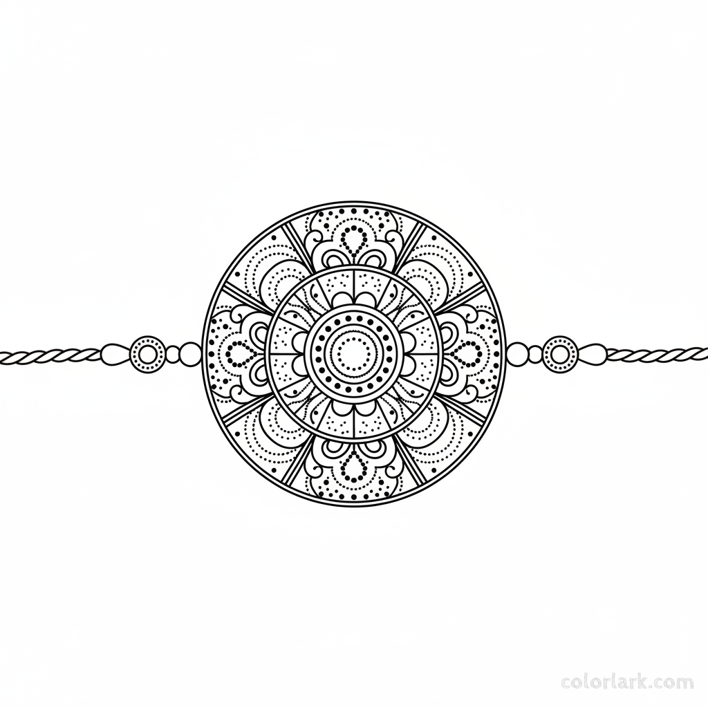 Black and white line art of an intricate mandala dot art Rakhi with complex circular patterns filled with tiny dots for coloring.