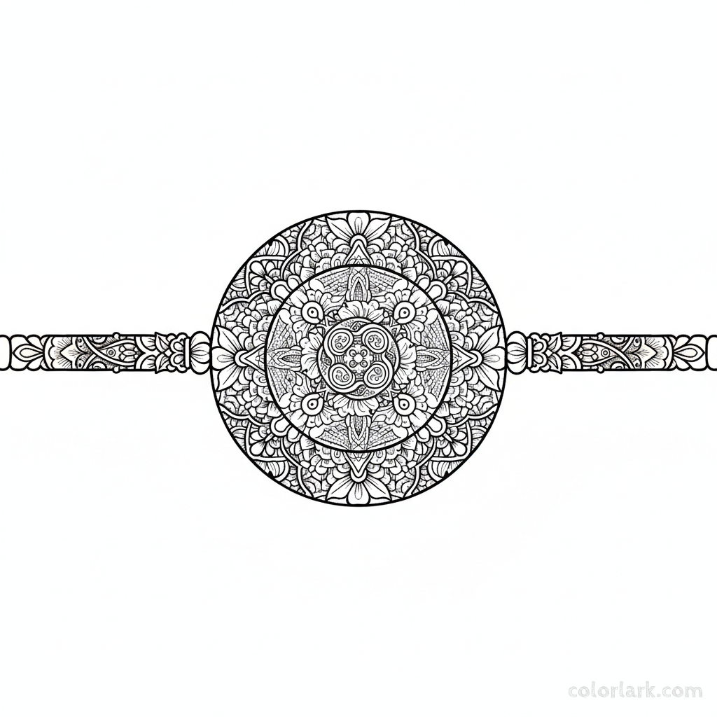 Black and white line art of an intricate Mehndi art inspired Rakhi with dense paisleys, florals, and lattice work for detailed coloring.