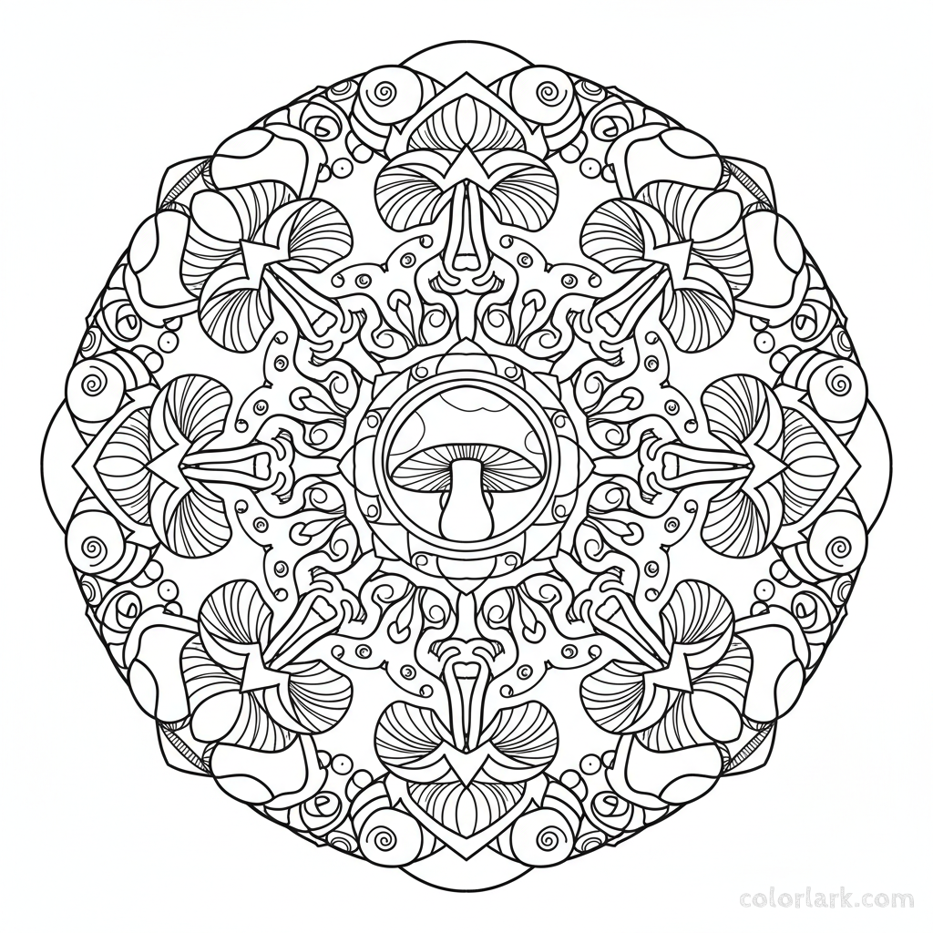 Black and white line art of an intricate symmetrical mandala pattern made from stylized mushroom shapes, for adult stress relief coloring.