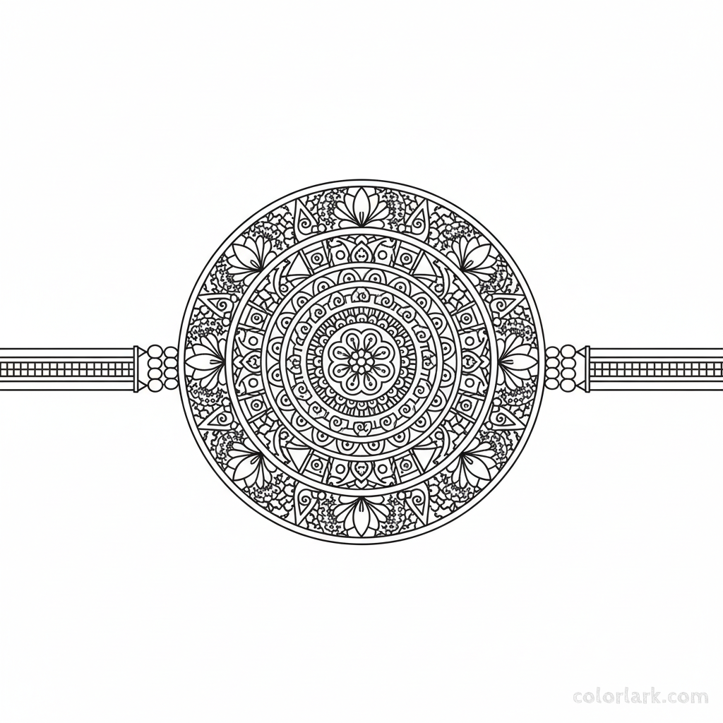 Black and white line art of an intricate Rangoli-inspired Rakhi with symmetrical geometric and floral patterns for festive coloring.
