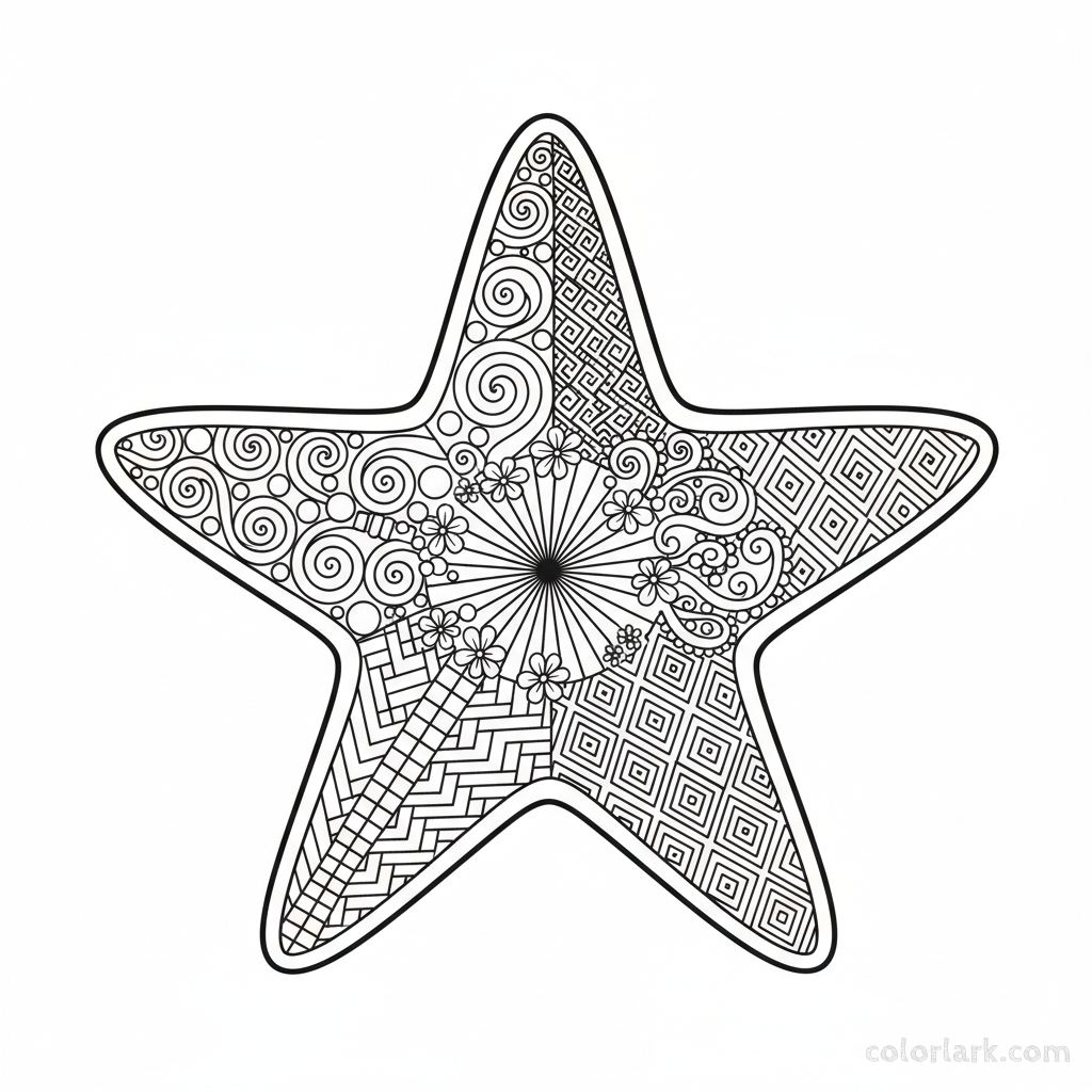 Intricate black and white zentangle pattern of a five-pointed starfish for adult coloring.