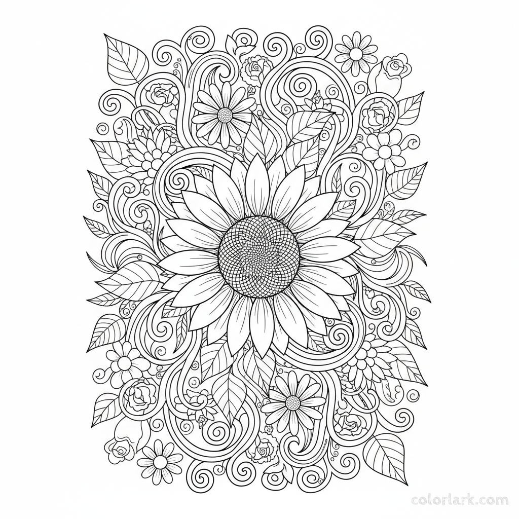 Black and white intricate line art of a sunflower surrounded by vines and floral patterns