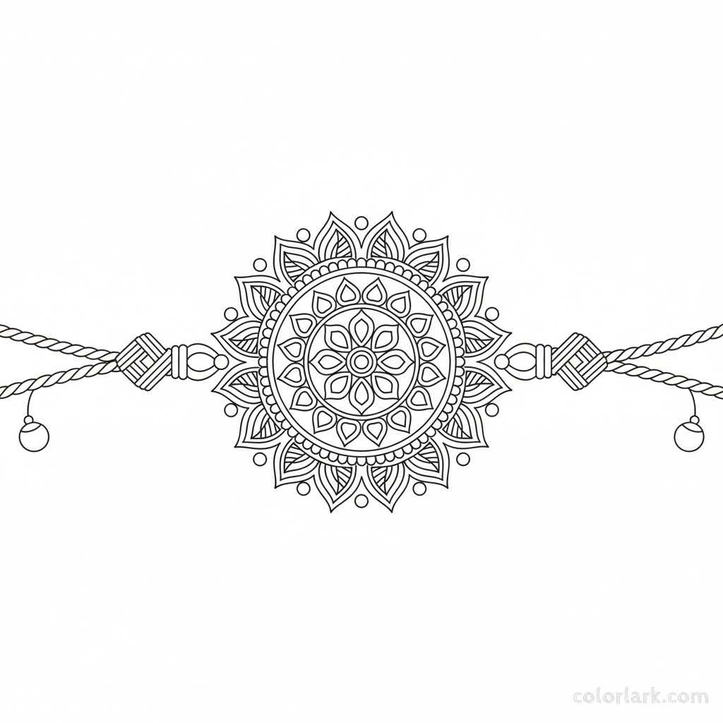Black and white line art of an intricate Kundan Rakhi with detailed floral filigree and bead outlines for adult coloring.