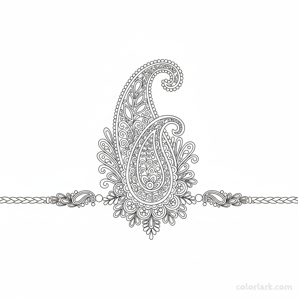 Black and white line art of an intricate traditional Rakhi with elegant paisley patterns, swirls, and dot work for art lovers.