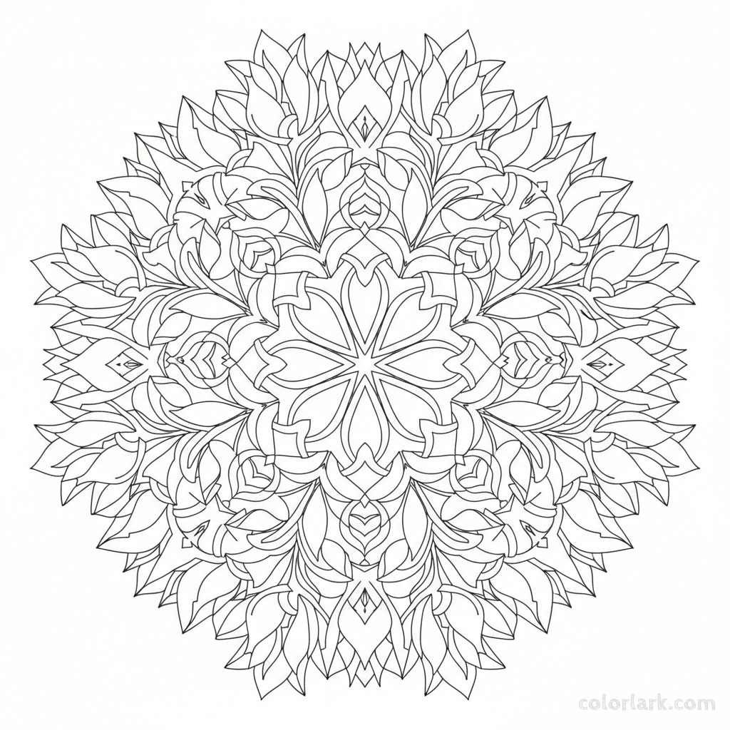 Line art illustration of an intricate symmetrical tulip mandala pattern