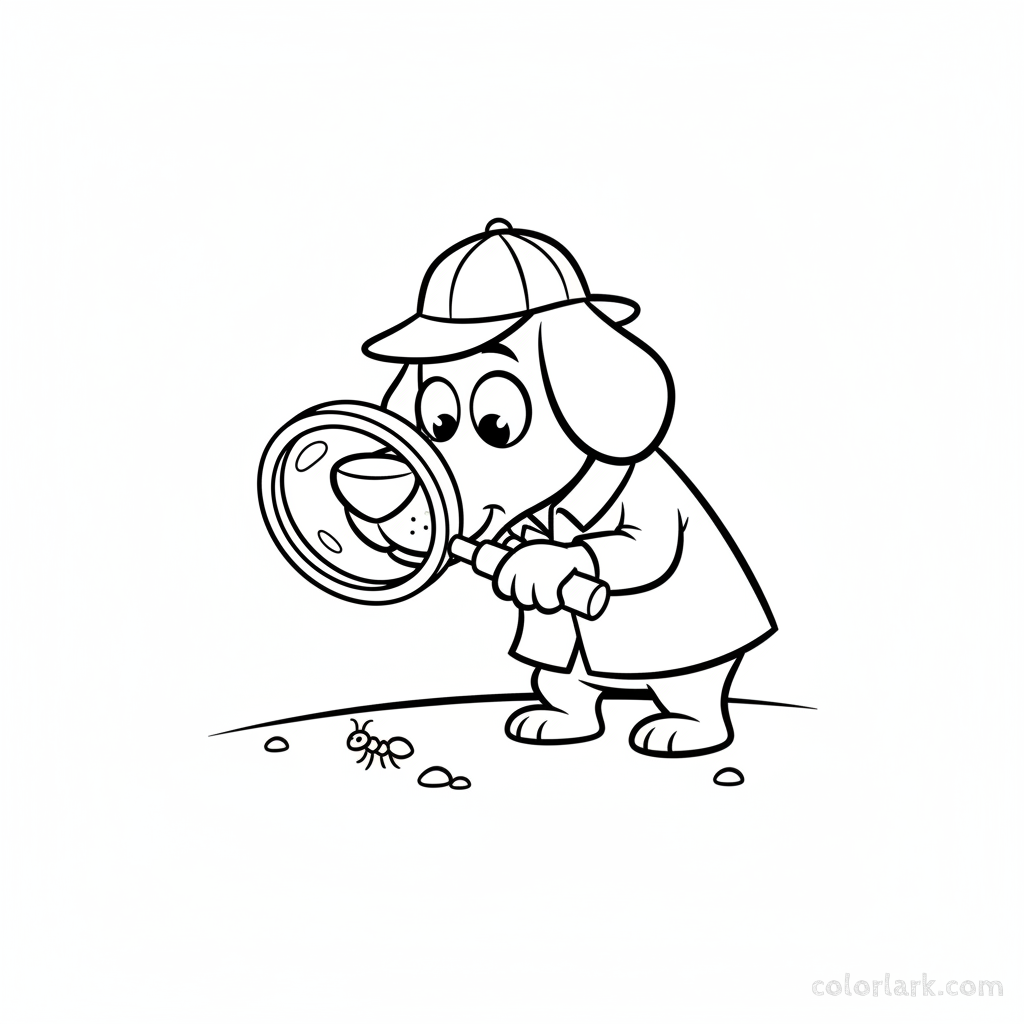 Black and white line art of a comical dog holding a magnifying glass and looking at a tiny object, for young learners.