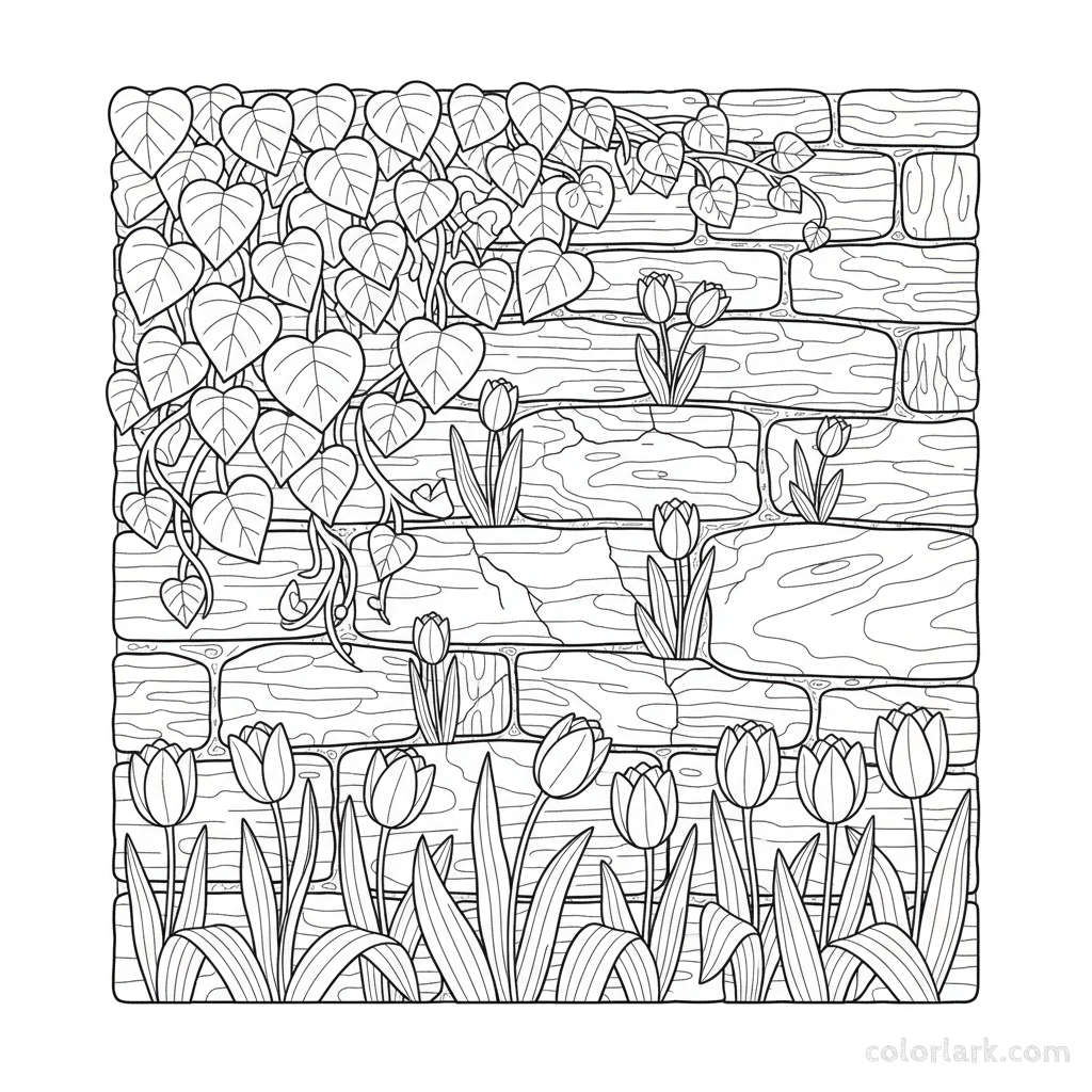Line art illustration of an ivy-covered stone wall with wild tulips growing at its base