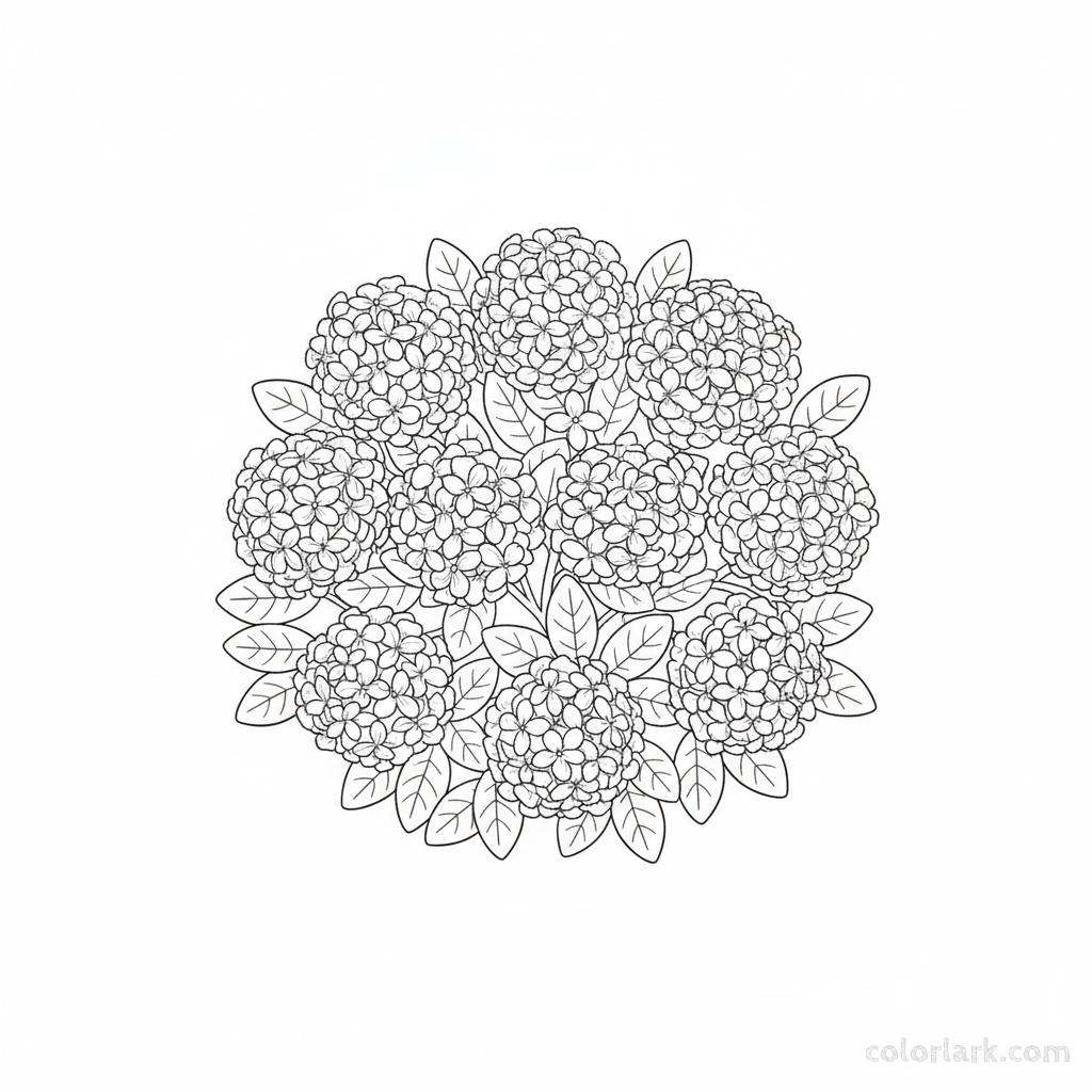 Black and white line art of an ixora flower bush with compact clusters of tiny, star-shaped flowers and glossy leaves.