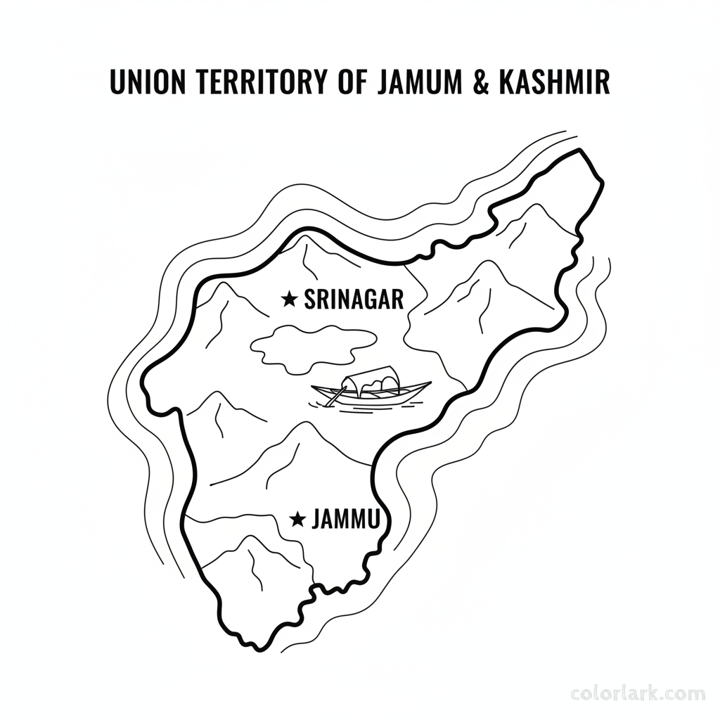Line art coloring map of Jammu and Kashmir UT, featuring Dal Lake with a Shikara boat and its capitals.