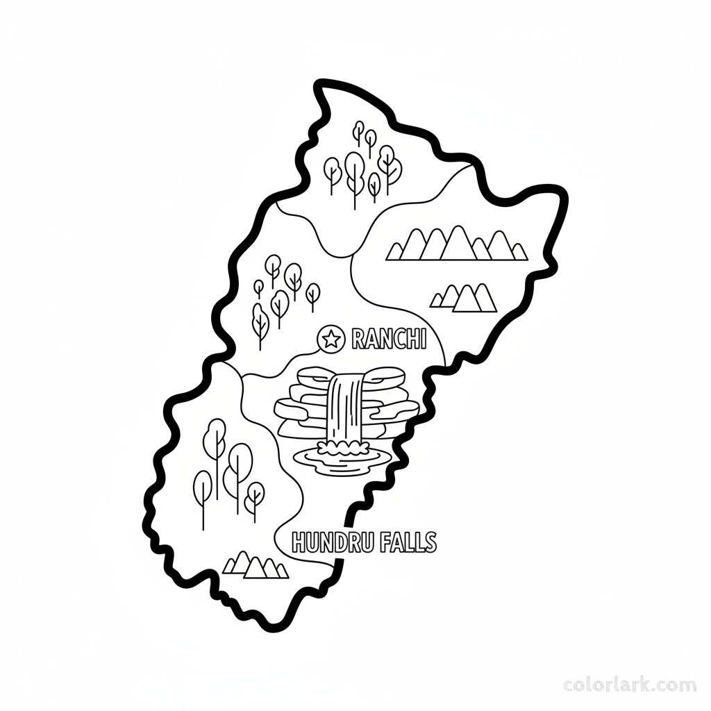 Line art coloring map of Jharkhand state, featuring Ranchi, a waterfall illustration, and subtle forest indications.