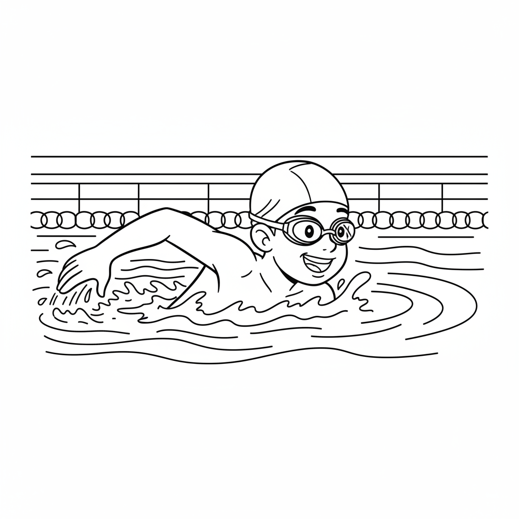 Black and white line art of a joyful boy swimming freestyle in a pool, wearing a swim cap and goggles.