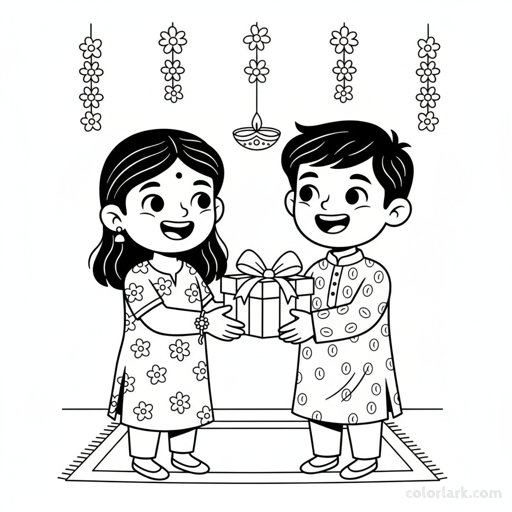 Line art of a joyful brother and sister exchanging gifts on Rakhi