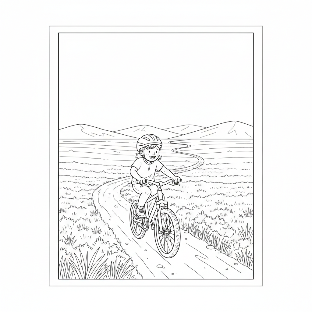 Black and white line art coloring page of a child with a helmet, riding a bicycle on an open moorland trail.
