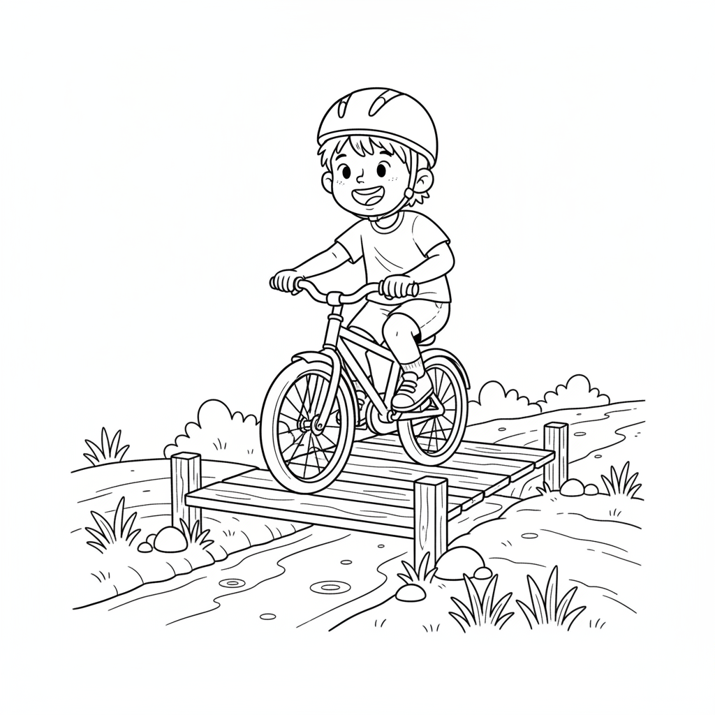 Black and white line art coloring page of a smiling child with a helmet, riding a bicycle over a small wooden bridge on a nature path.