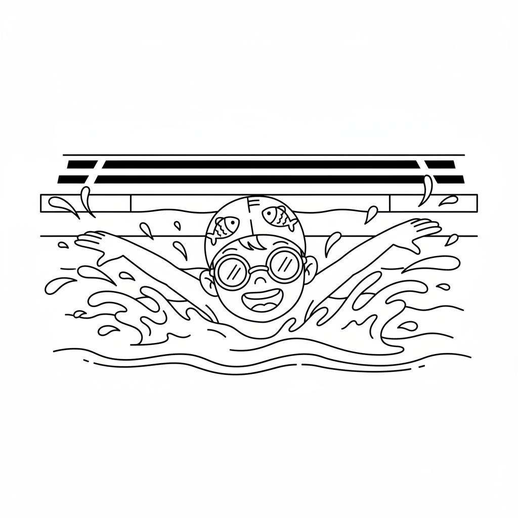 Black and white line art of a joyful child splashing while swimming freestyle in a pool, wearing a swim cap and goggles.