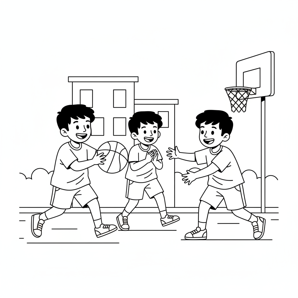 Line art of joyful Indian children passing a basketball on a street, with a friend cheering.