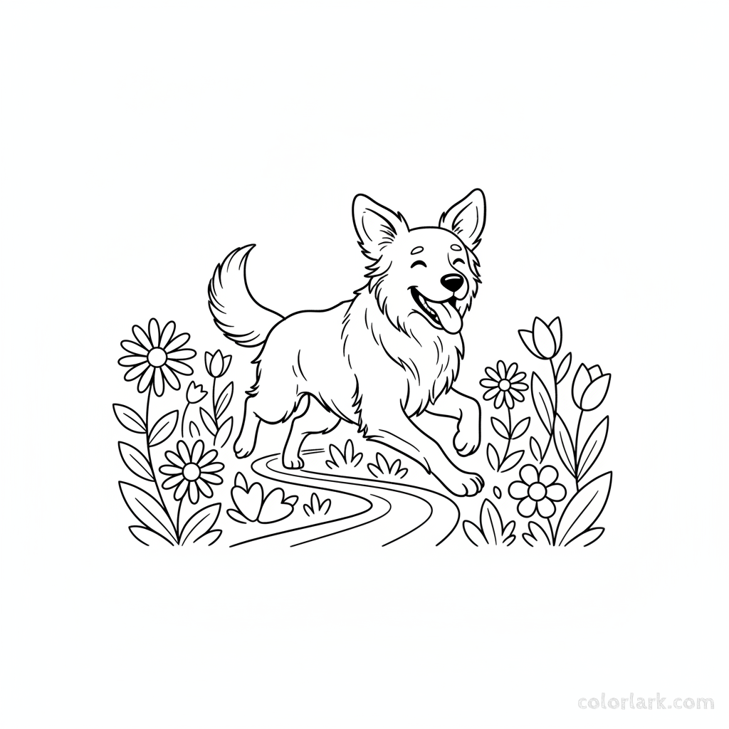 A black and white line art drawing of a joyful dog galloping along a garden path, suitable for coloring by children in India.