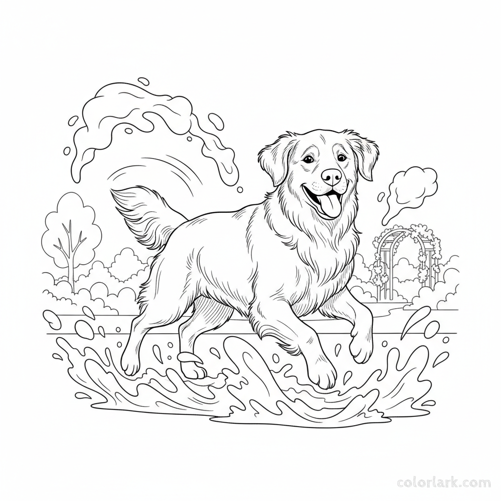 Joyful dog playing in vibrant Holi colors, free printable coloring page.