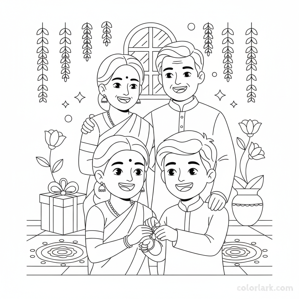 Black and white line art of a joyful family celebrating Rakshabandhan together.