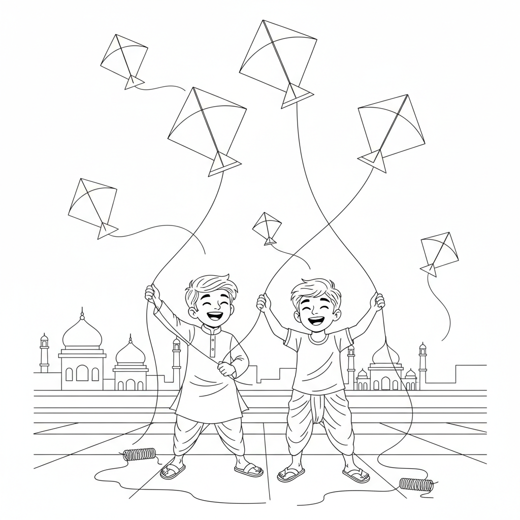 Line art of joyful Indian boys playing with multiple kites on an Indian spacious city terrace, for coloring.