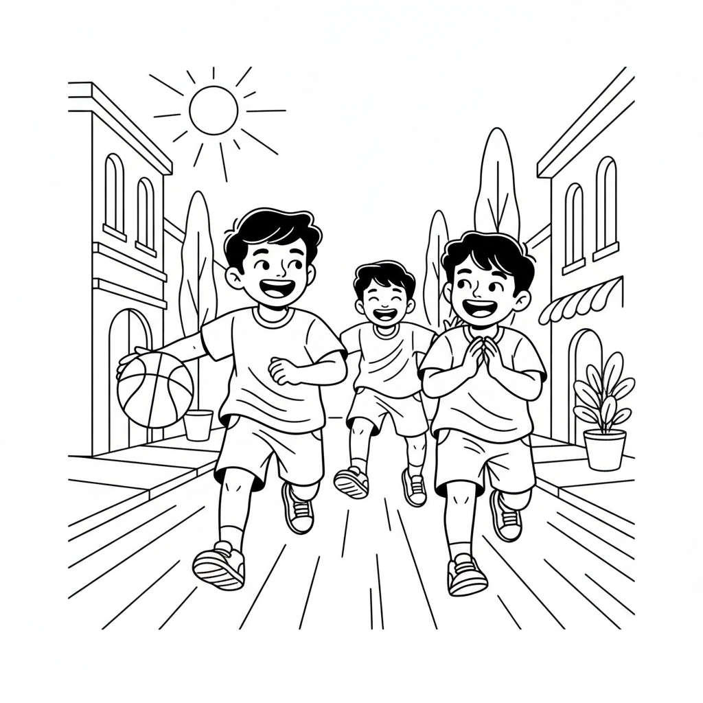 Line art of joyful Indian boys running with a basketball on a street, with a friend playfully chasing.