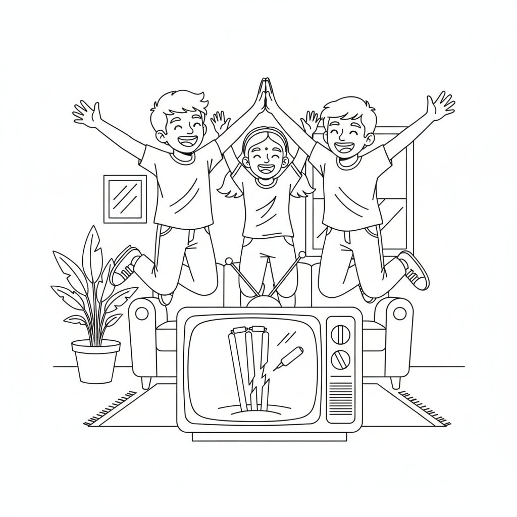 Black and white line art of joyful Indian children celebrating a wicket fall with high-fives while watching a cricket match on TV.