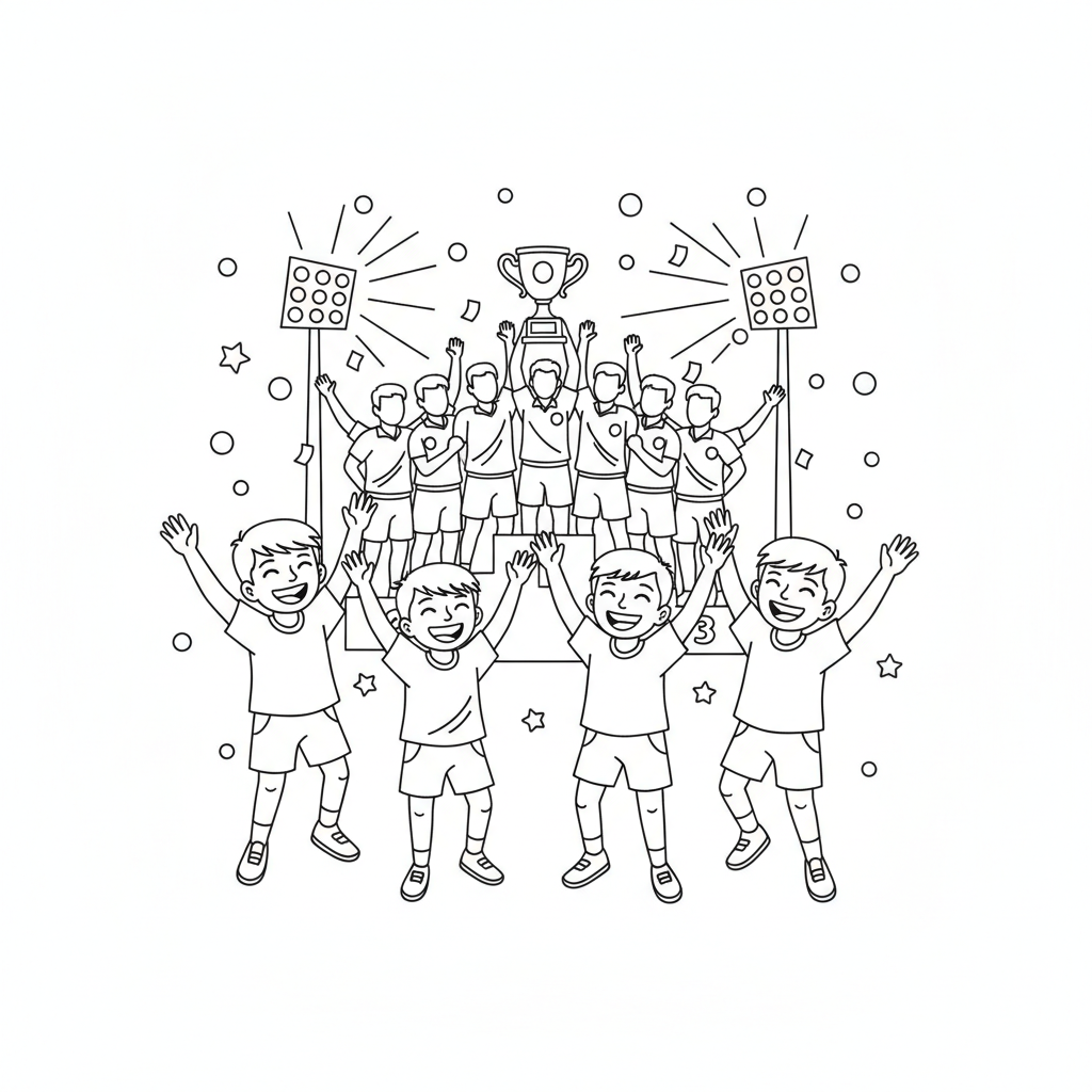 Line art of joyful Indian children celebrating a Kabaddi National Championship win with arms raised in victory.