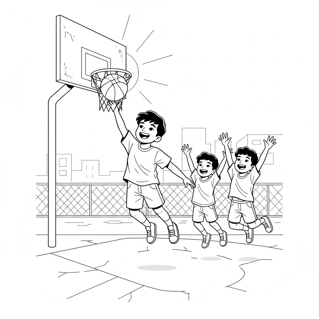 Line art of a joyful Indian child making a layup shot in street basketball, with two friends cheering.
