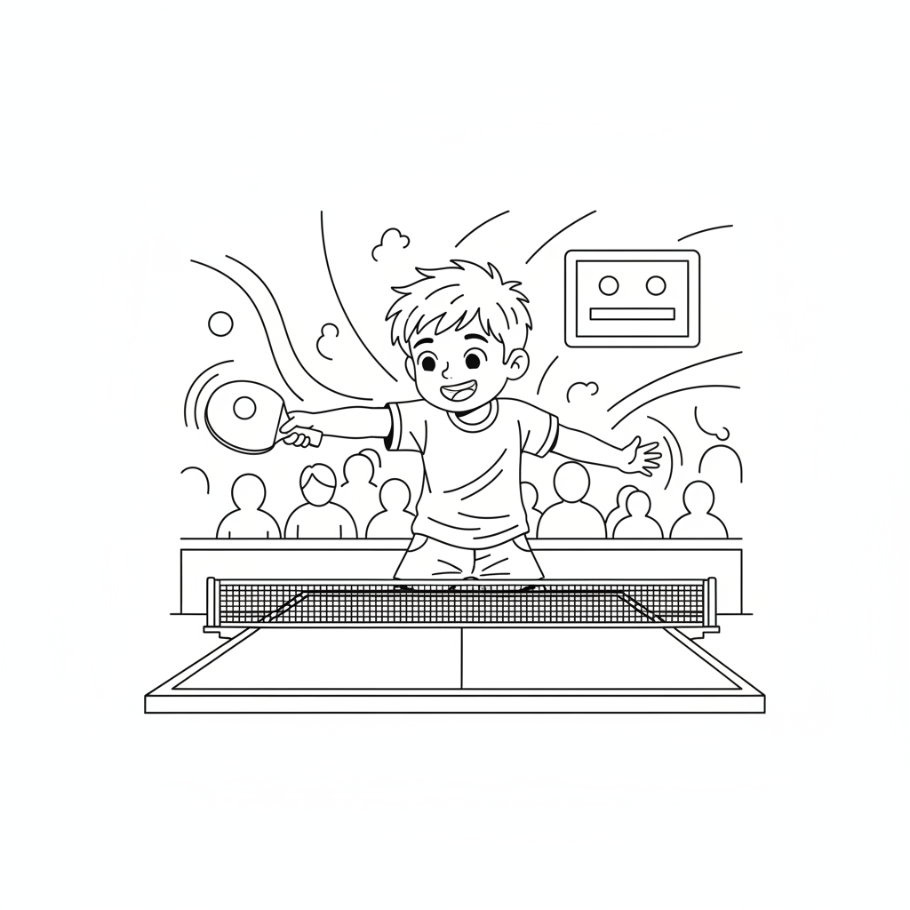 Line art of a joyful kid playing table tennis with a forehand shot during game play.