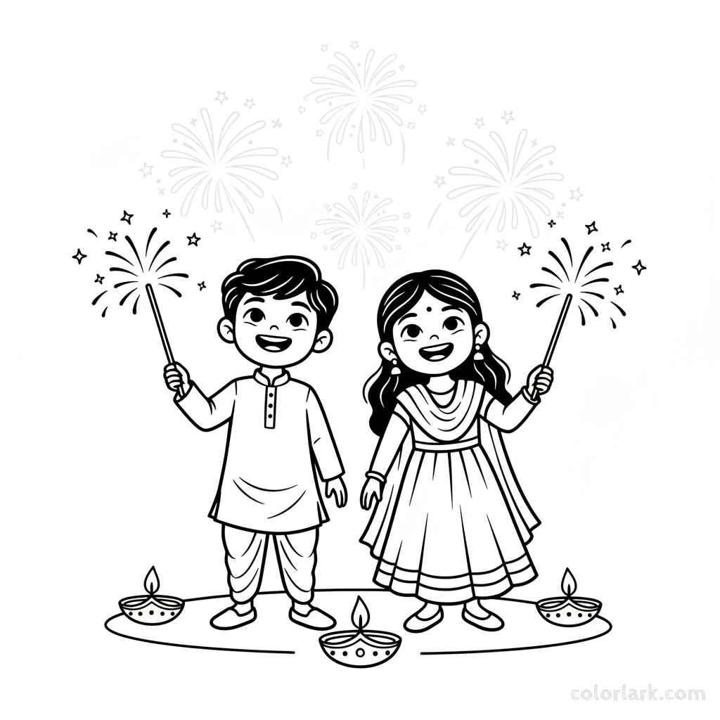 Joyful children holding safe sparklers during Diwali night celebration, smiling brightly, black-and-white line art