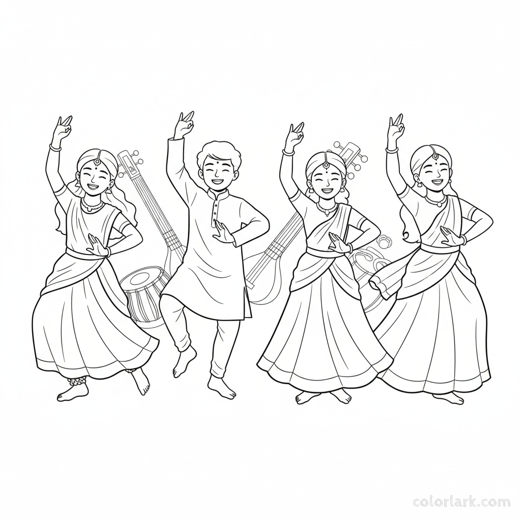 Joyful children performing a simple Diwali dance routine with graceful movements and smiles, black-and-white line art