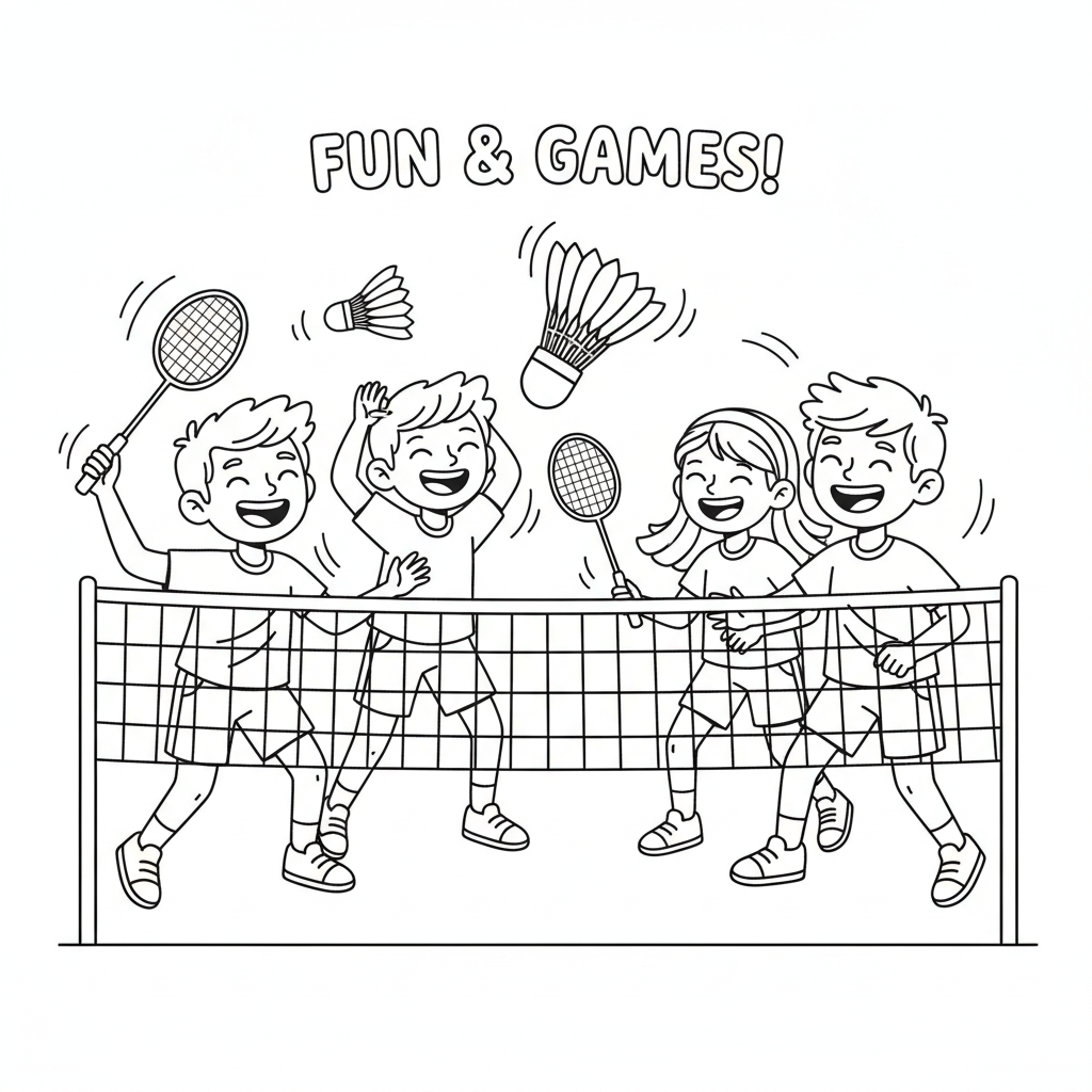 Four happy children smiling and playing a doubles badminton game at school.
