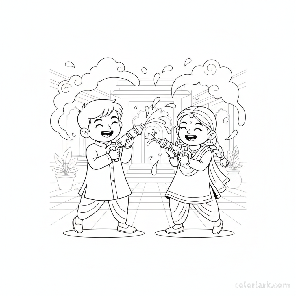 Kids having fun with water guns during Holi festival coloring page